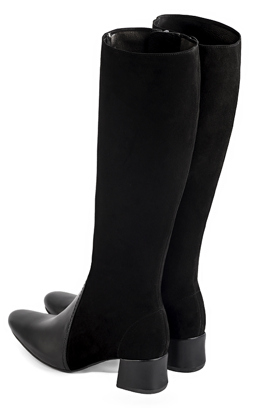 Satin black women's feminine knee-high boots. Round toe. Low flare heels. Made to measure. Rear view - Florence KOOIJMAN
